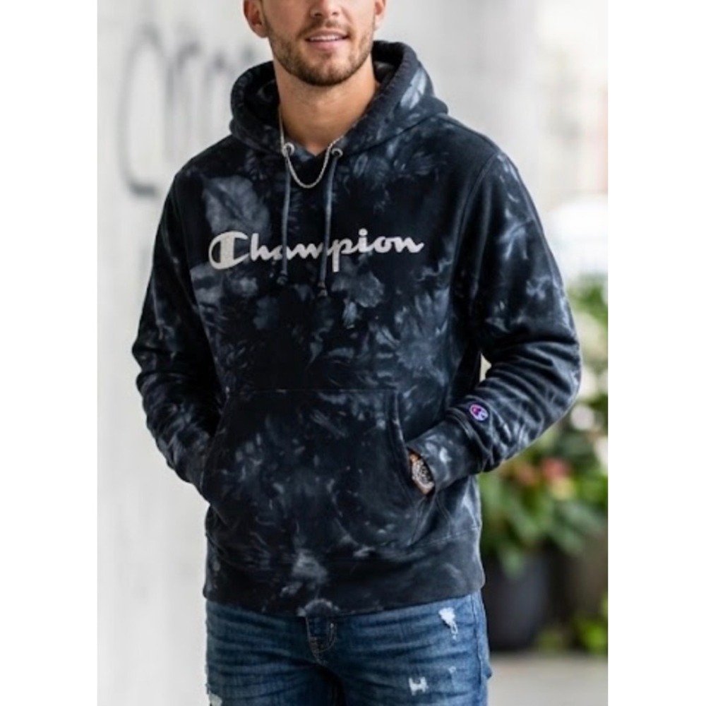 Champion Reverse Weave Hoodie Mens Medium Black Grey Tie Dye Script Sweatshirt